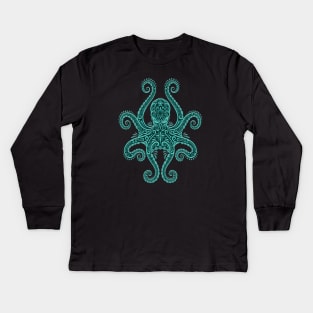 Intricate Teal Blue Octopus Kids Long Sleeve T-Shirt